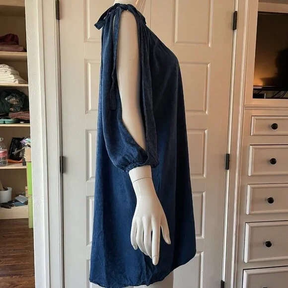 Holding Horses Leyton Blue Floral Swing Mini Dress Open Slit Long Sleeve XS - Picture 3 of 9